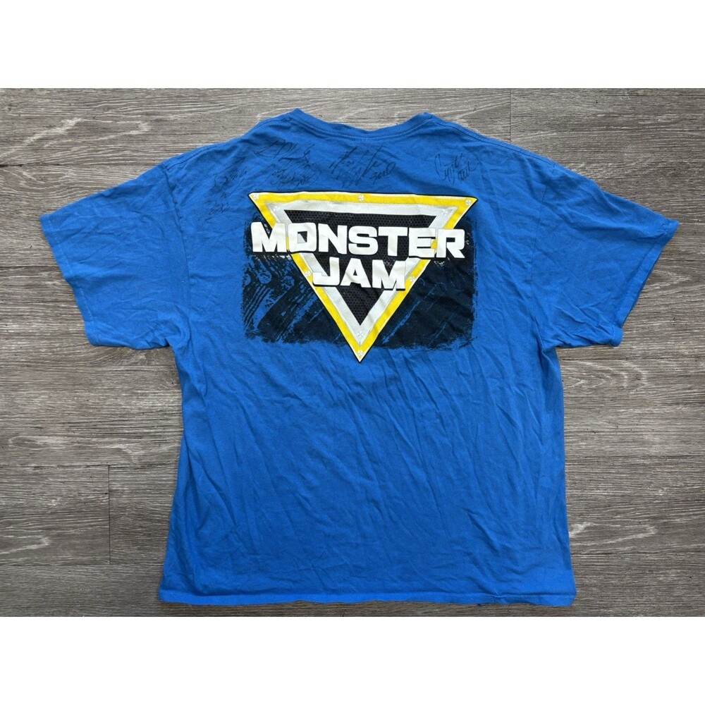 Vintage Autographed Blue Monster Jam Graphic T-shirt Triangular Logo Printed 2XL